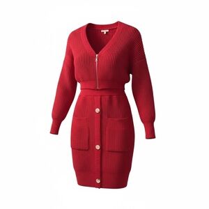 Red Knit Cardigan and Skirt Set